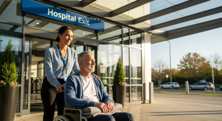 Female support worker pushing a wheelchair with a man exiting hospital